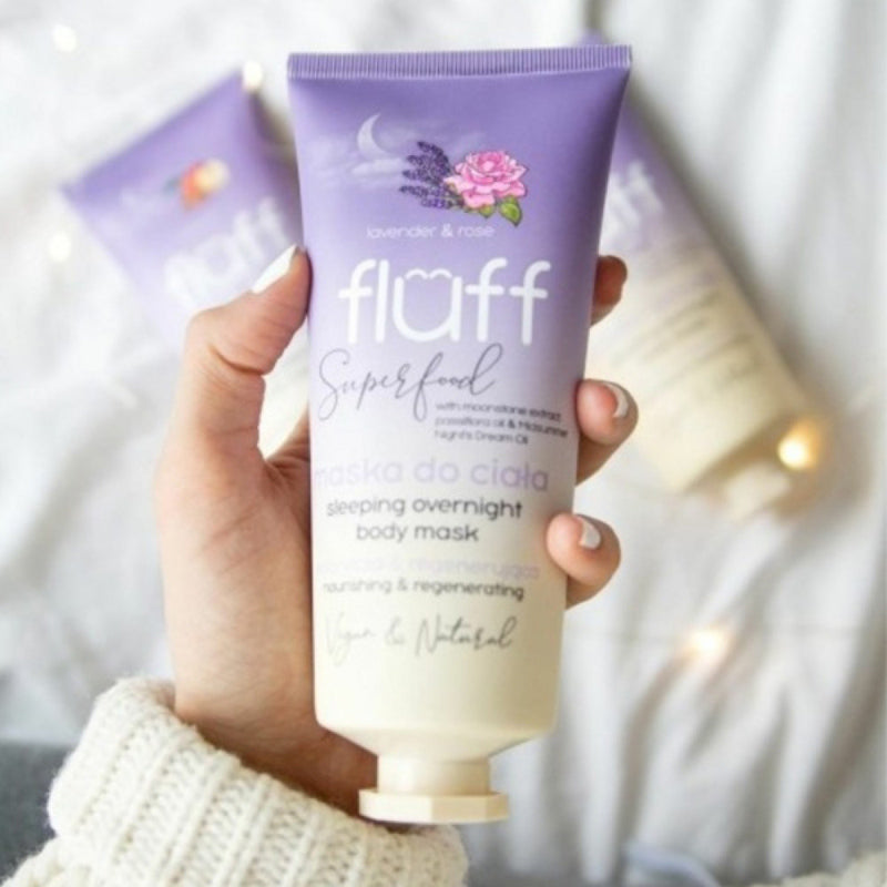 Възстановяваща нощна маска за тяло с екстрат от лунен камък – Лавандула и роза FLUFF Sleeping Overnight Body Mask